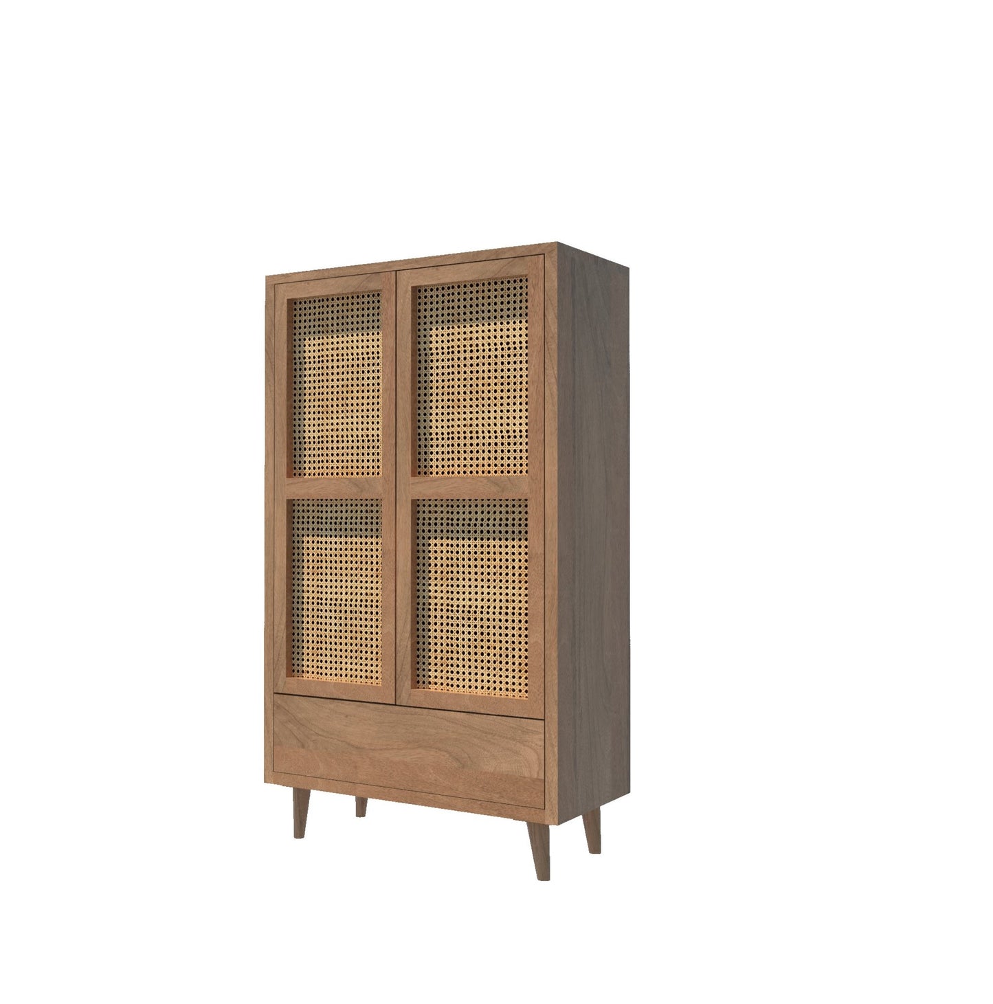 Solid Wood Rattan Cane Two Door Wardrobe In Neutral Teak Finish