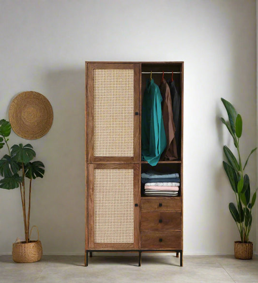 Baam Solid Wood Rattan Cane 2 Door Wardrobe In Neutral Teak Finish