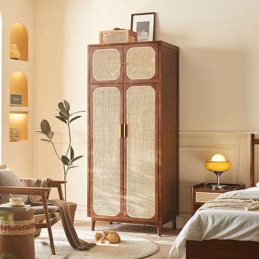 Solid Wood Rattan Cane 4 Door wardrobe In Teak Finish
