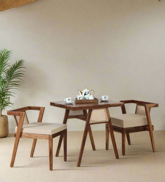 Solid Wood Couple Chair Set With Table In Teak Finish