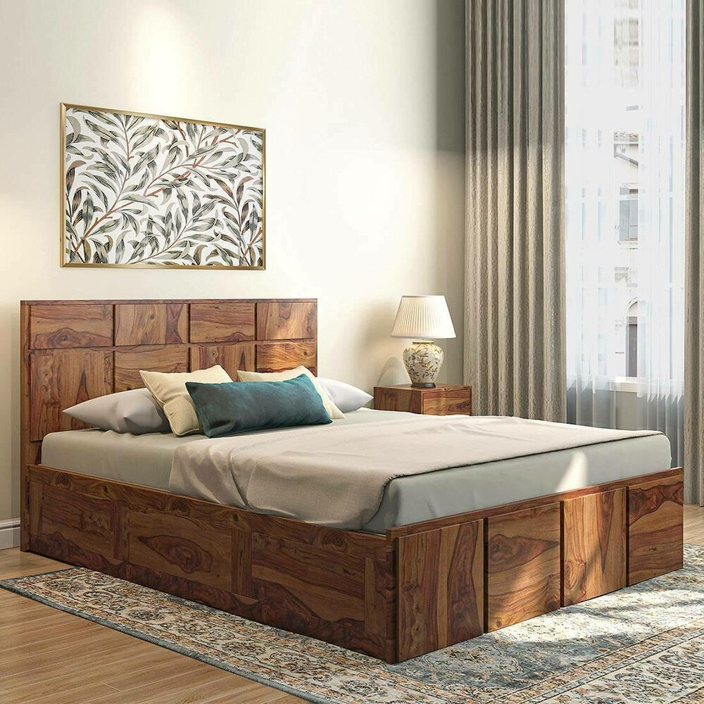 Sheesham Solid wood King Size Box Storage Bed In Natural Teak Finish