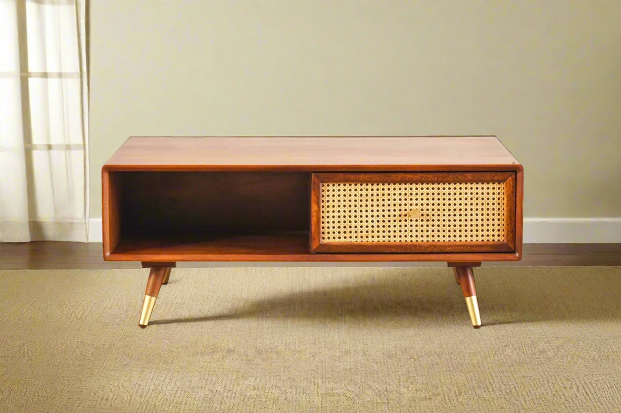 Demiwall Rattan Star Coffe Table Open self With Drawer in Provicial Teck Finish