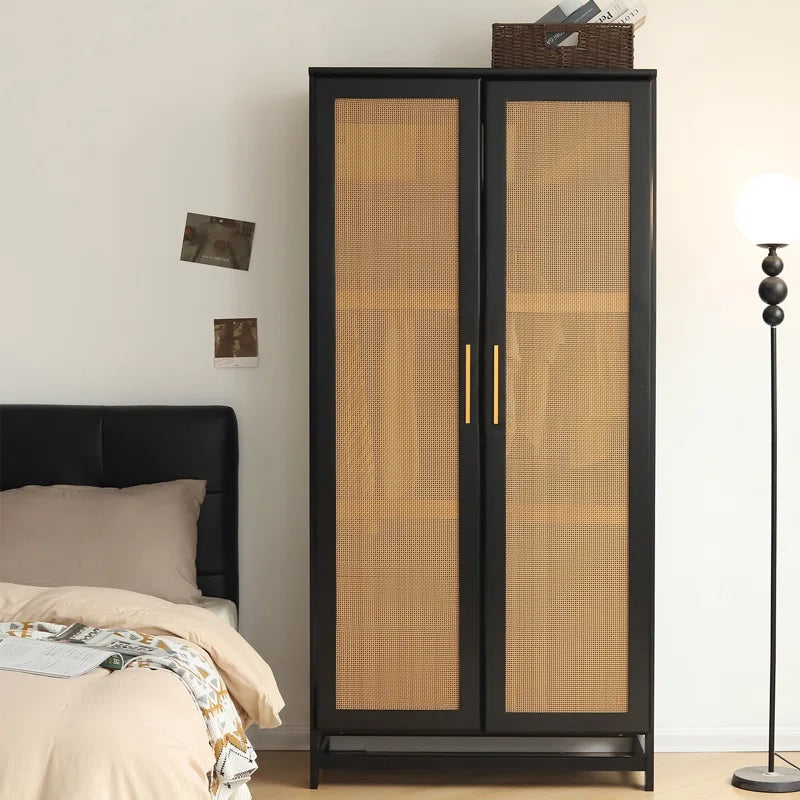 Solid Wood Rattan Cane Two Door Wardrobe In Black Finish
