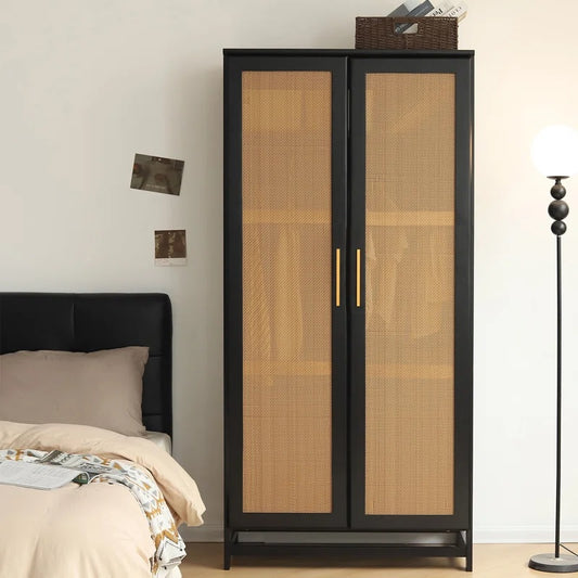 Solid Wood Rattan Cane Two Door Wardrobe In Black Finish