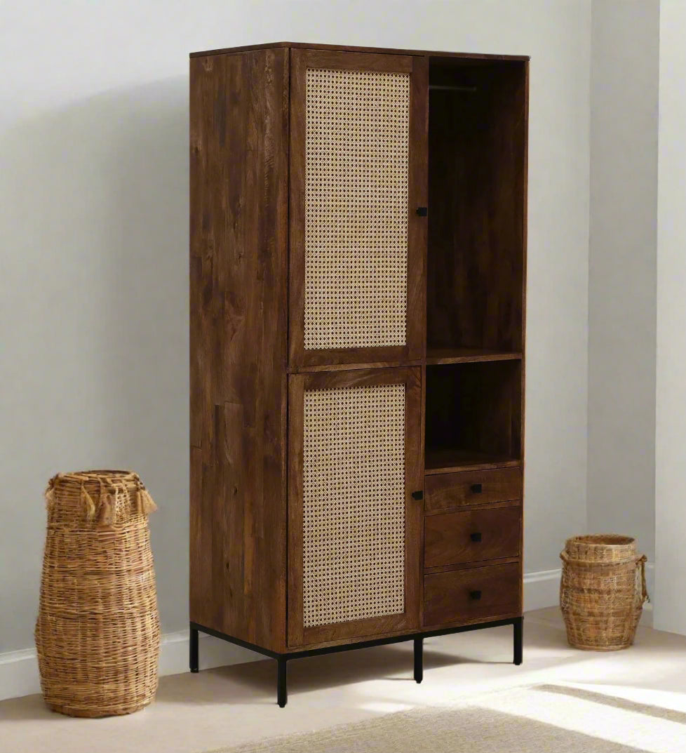 Baam Solid Wood Rattan Cane 2 Door Wardrobe In Neutral Teak Finish