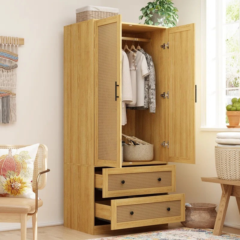 Solid Mango Wood Rattan Cane Two Door With 2 Drawer Wardrobe In Natural Finish