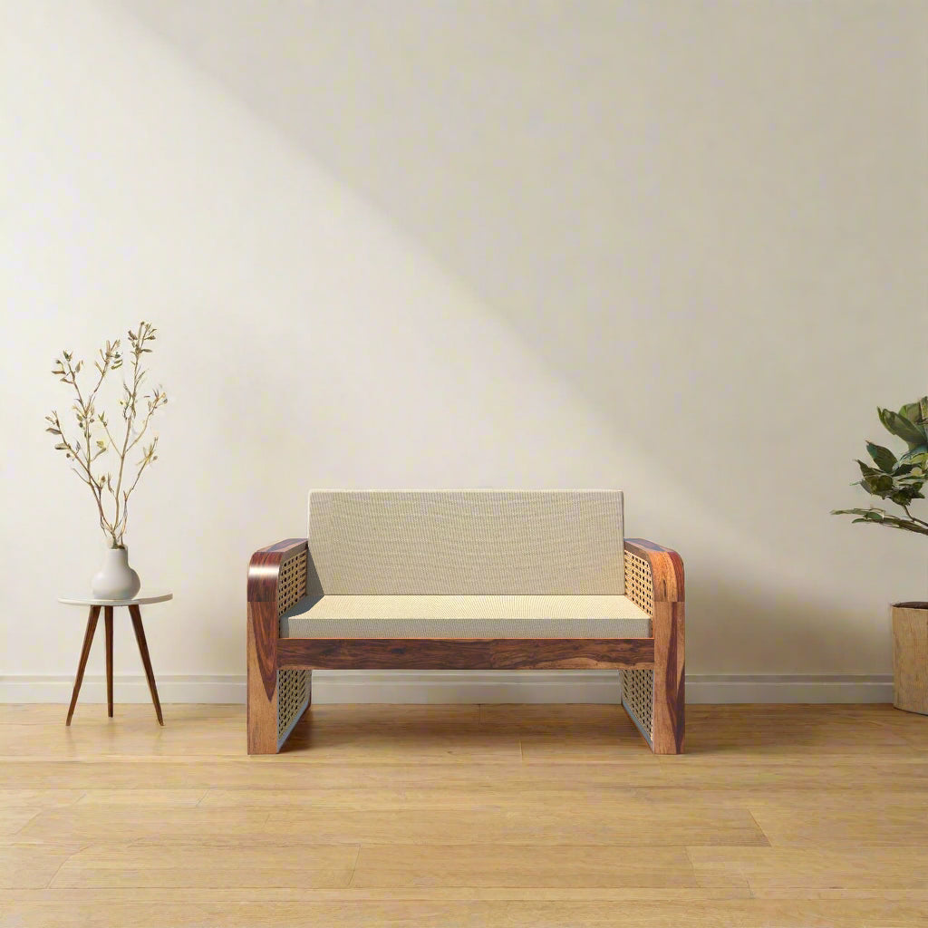 DEMIWALL Solid Sheesham Wood Sofa Set 7-Person Rattan Caning Sofa | Teak finish