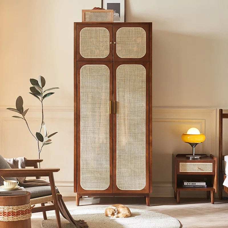Solid Wood Rattan Cane 4 Door wardrobe In Teak Finish