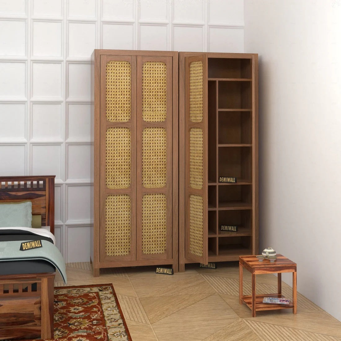 Solid Wood Rattan Cane 2 Door Wardrobe In Neutral Teak Finish