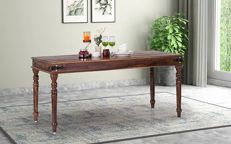 Helioc Kan Sheesham Wood Dining Table Six seater Table In Provincial Teak Finish