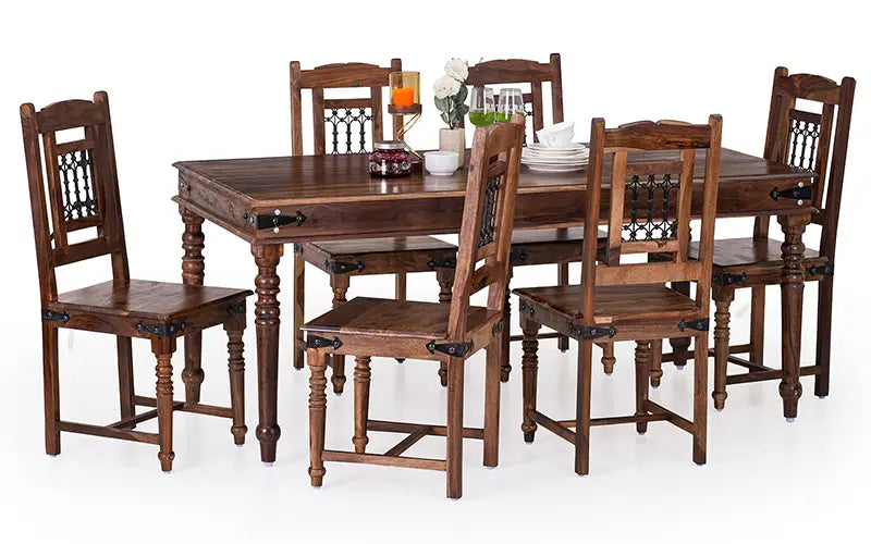 Helioc Kan Sheesham Wood Dining Table Six seater Table In Provincial Teak Finish