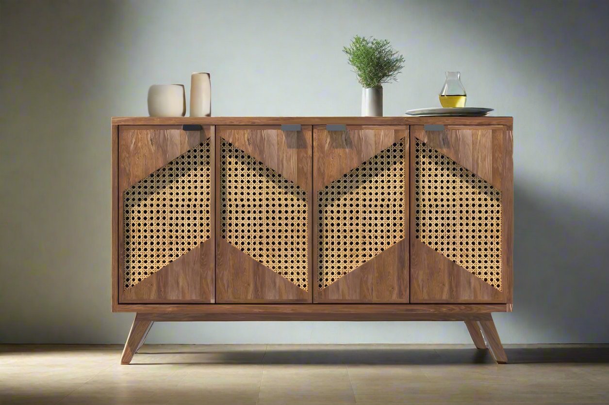 Canving Solid Wood Sheesham Wood 4 Door Sideboard In Natural Teak Finish For Living Room Furniture