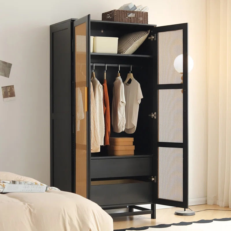 Solid Wood Rattan Cane Two Door Wardrobe In Black Finish