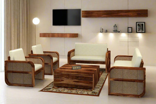 DEMIWALL Solid Sheesham Wood Sofa Set 7-Person Rattan Caning Sofa | Teak finish