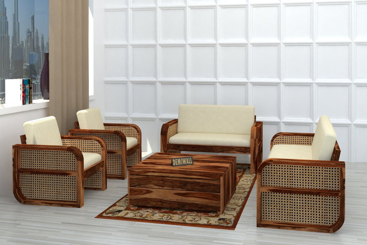 DEMIWALL Solid Sheesham Wood Sofa Set 7-Person Rattan Caning Sofa | Teak finish