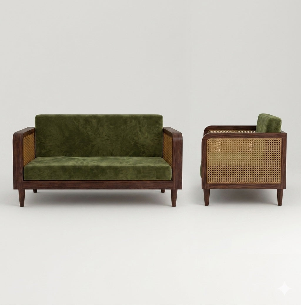 Solid Wood Sofa Set 2-Person Rattan Caning Sofa Home Furniture Living Room|Two Seater Sofa