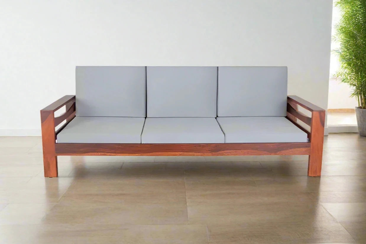 Alex Solid Sheesham Wood 3 Seater Sofa Set In Natural Teak For Living Room Furniture #004