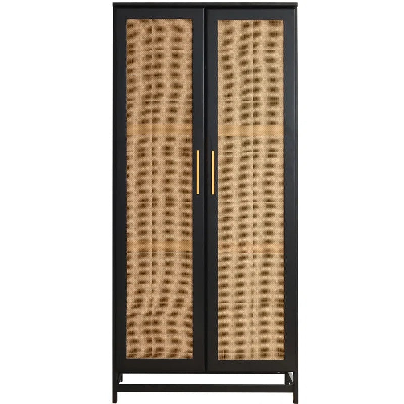 Solid Wood Rattan Cane Two Door Wardrobe In Black Finish