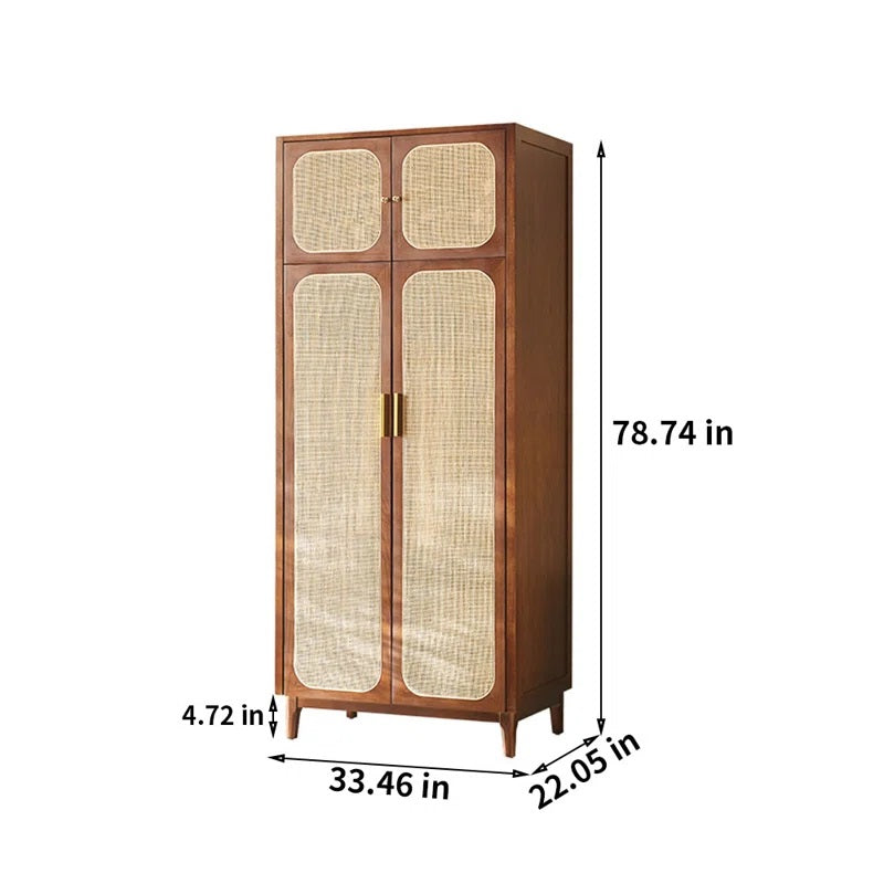 Solid Wood Rattan Cane 4 Door wardrobe In Teak Finish
