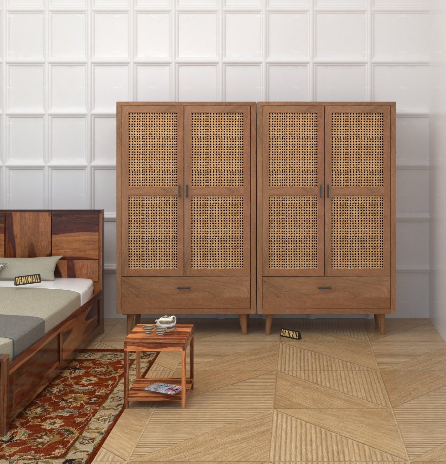 Solid Wood Rattan Cane Two Door Wardrobe In Neutral Teak Finish