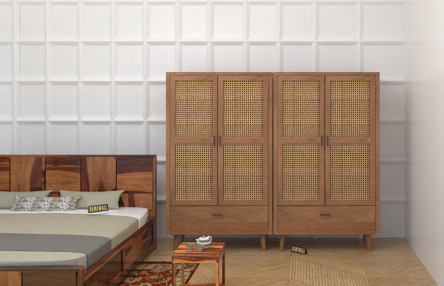 Solid Wood Rattan Cane Two Door Wardrobe In Neutral Teak Finish