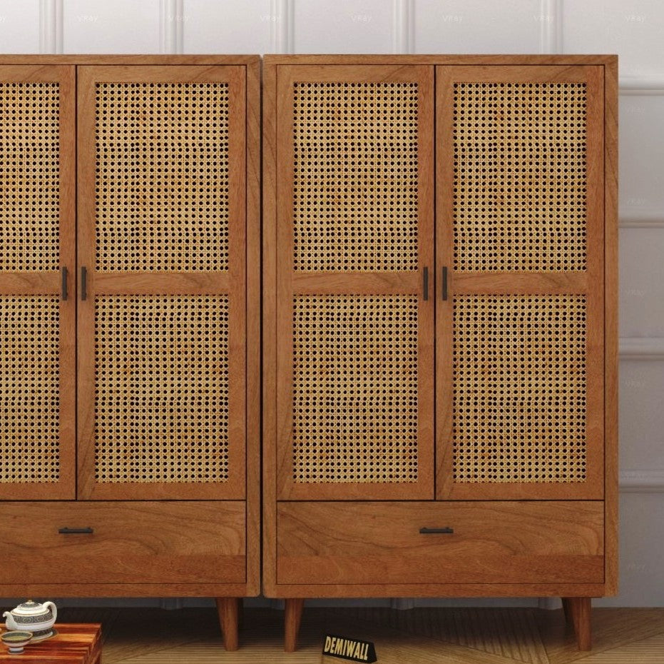 Solid Wood Rattan Cane Two Door Wardrobe In Neutral Teak Finish