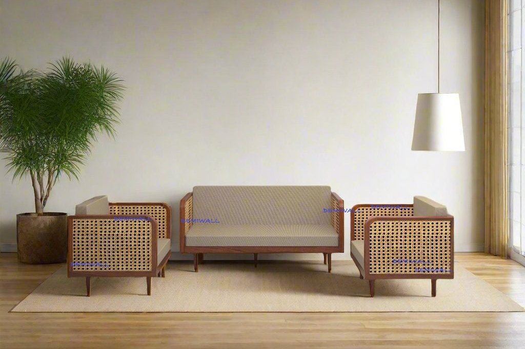 DEMIWALL Solid Wood Sofa Set 5-Person Rattan Caning Sofa Teak