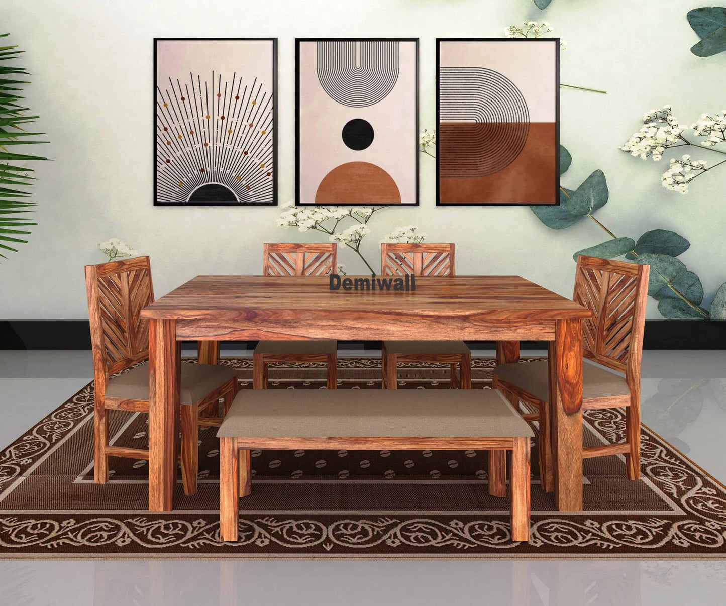 Demiwall Sheesham Wood Six Seater Dining Set With Bench