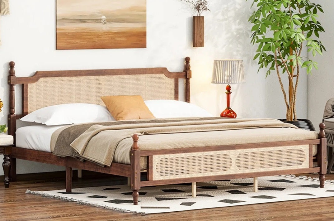 Solid Wood King Bed Cane Designed Headboard For Bedroom