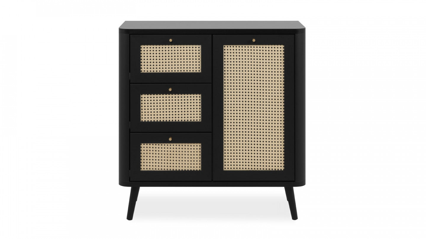 Caving Solid Wood 1 Door with 3 Drawers Matt Black Ward For Living Room Demiwall Furniture