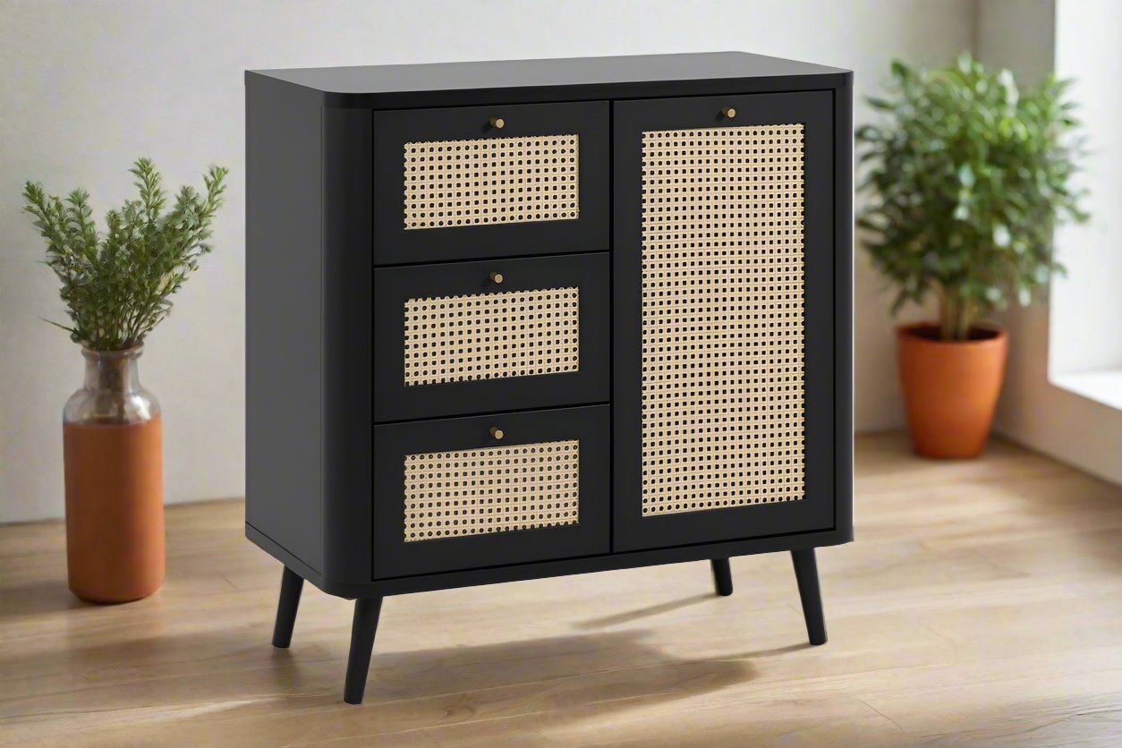 Caving Solid Wood 1 Door with 3 Drawers Matt Black Ward For Living Room Demiwall Furniture