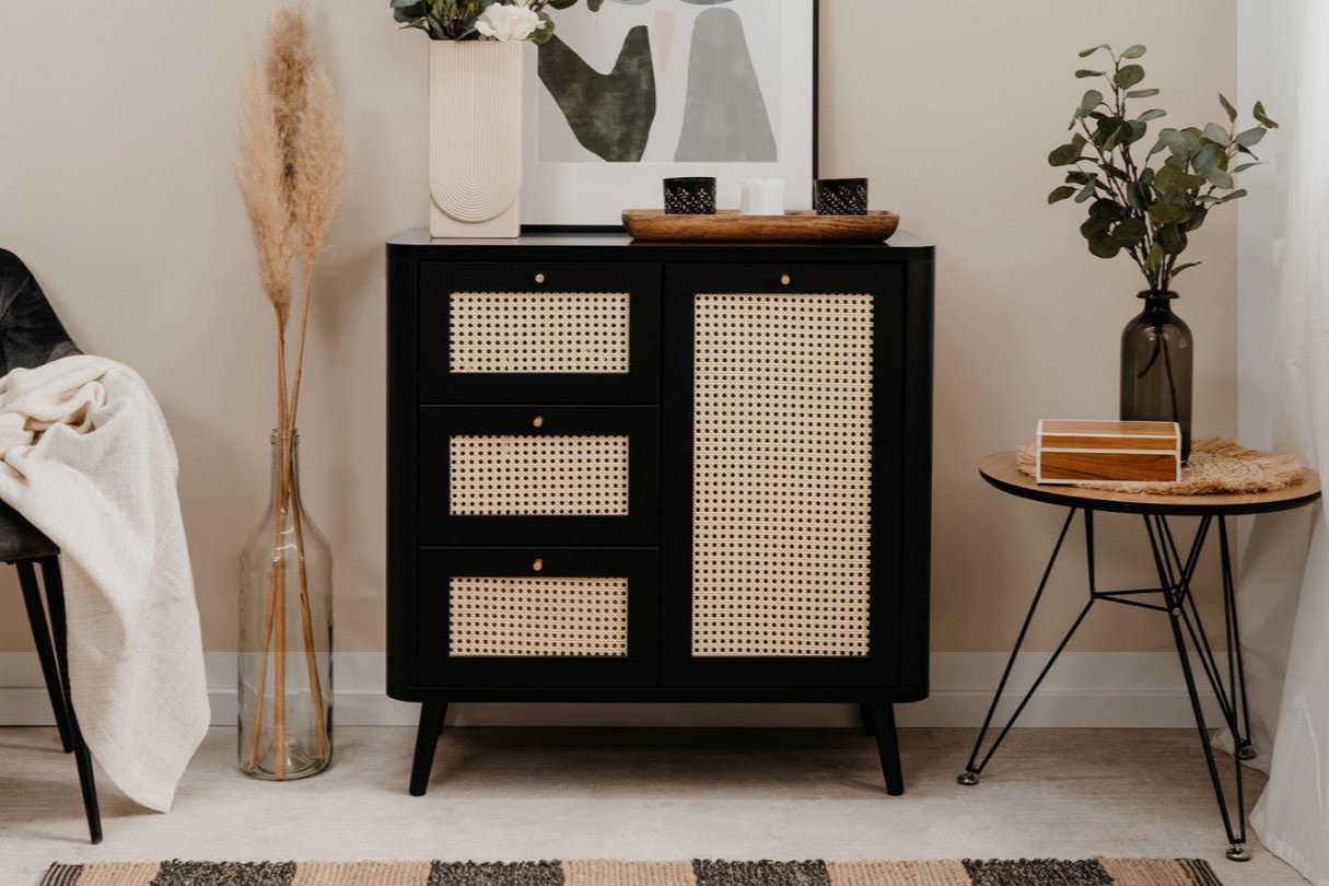 Caving Solid Wood 1 Door with 3 Drawers Matt Black Ward For Living Room Demiwall Furniture