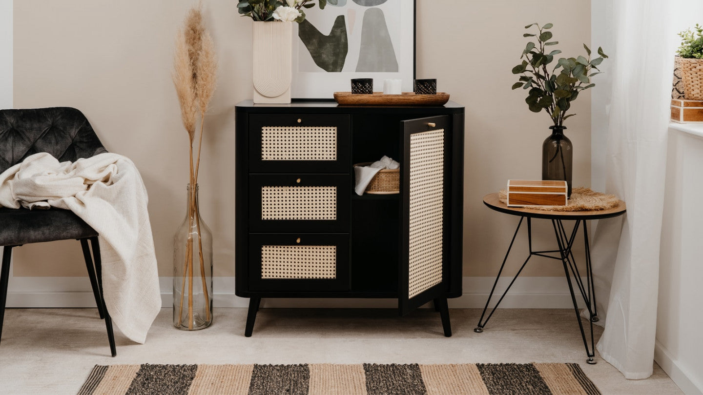 Caving Solid Wood 1 Door with 3 Drawers Matt Black Ward For Living Room Demiwall Furniture