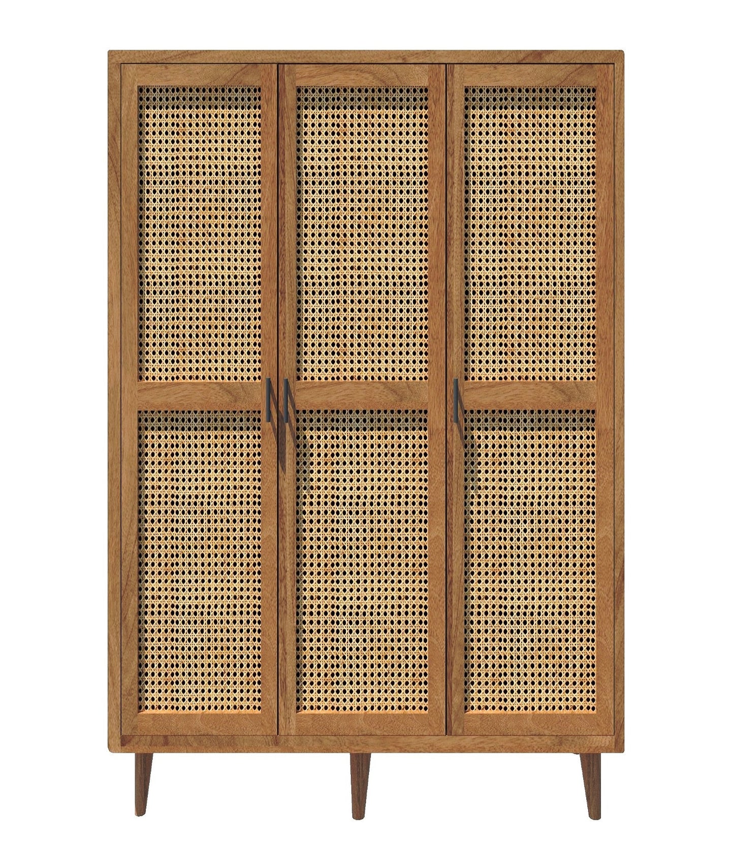 Solid Wood Rattan Cane 3 Door Wardrobe In Neutral Teak Finish