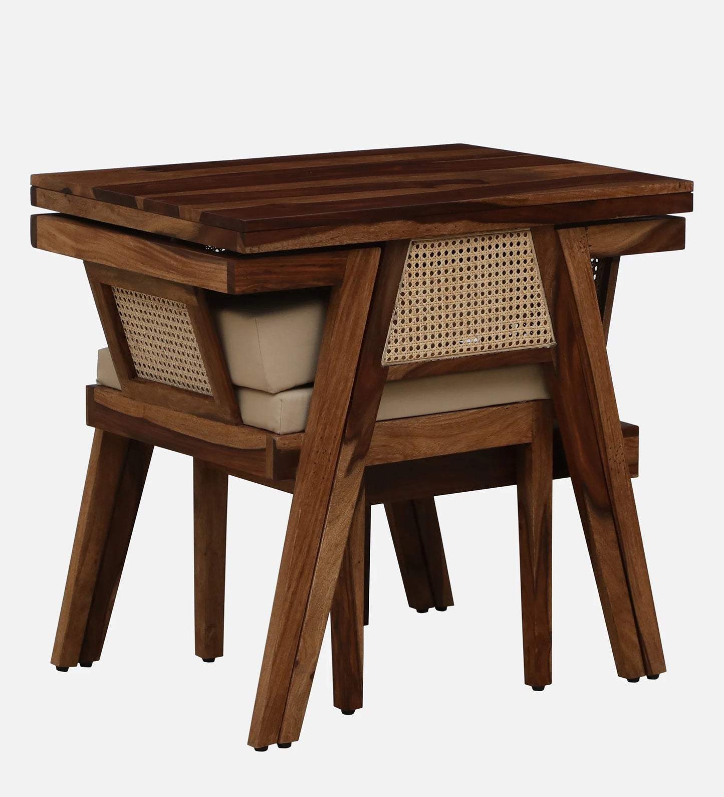 Solid Wood Couple Chair Set With Table In Teak Finish