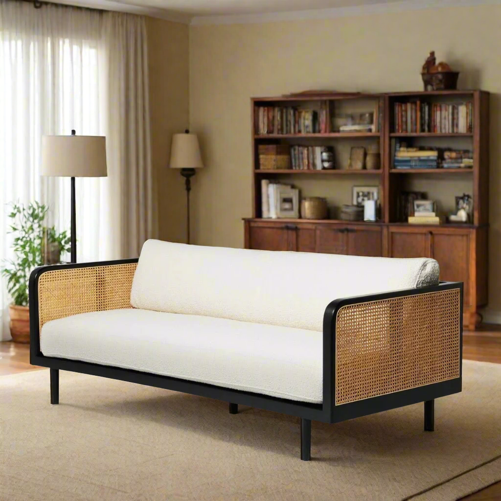 DEMIWALL Solid Wood Sofa Set 3-Person Rattan Caning Sofa Home Furniture Living Room|Three Seater Sofa Set Wooden|Sheesham Wood Rattan Caning Sofa for Office Furniture|Sofa with Cushions| Black Finish