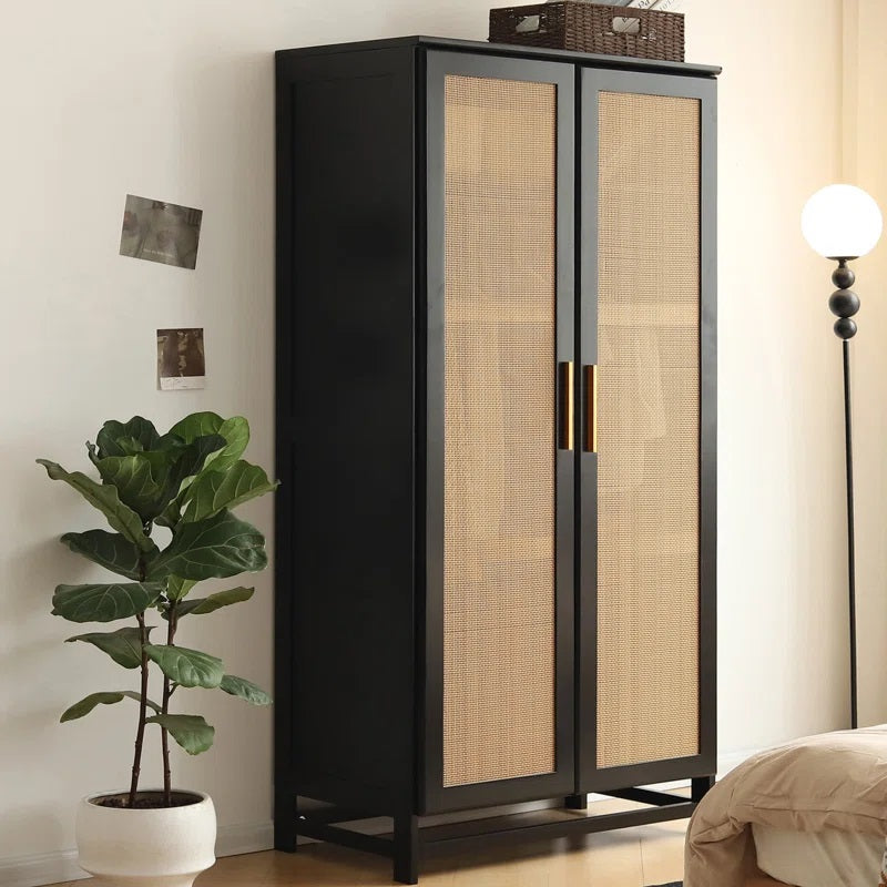 Solid Wood Rattan Cane Two Door Wardrobe In Black Finish