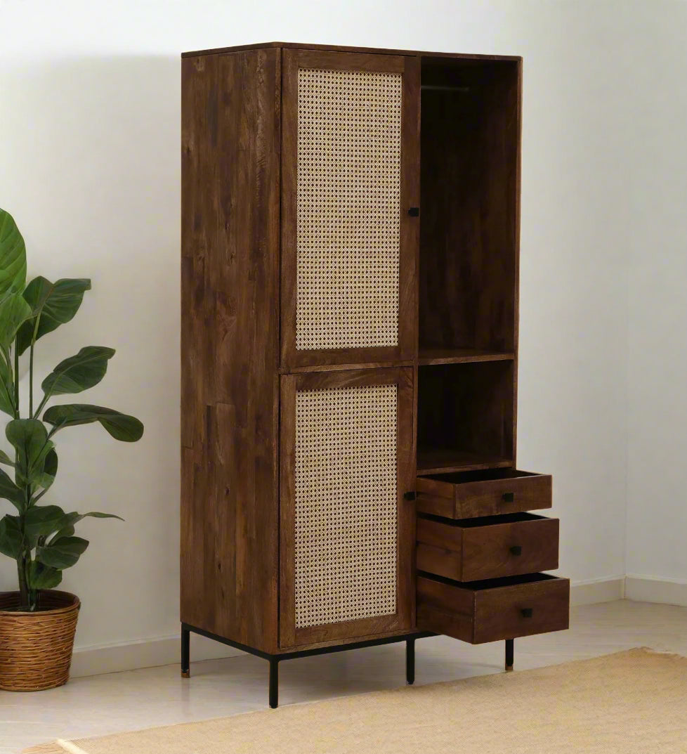 Baam Solid Wood Rattan Cane 2 Door Wardrobe In Neutral Teak Finish