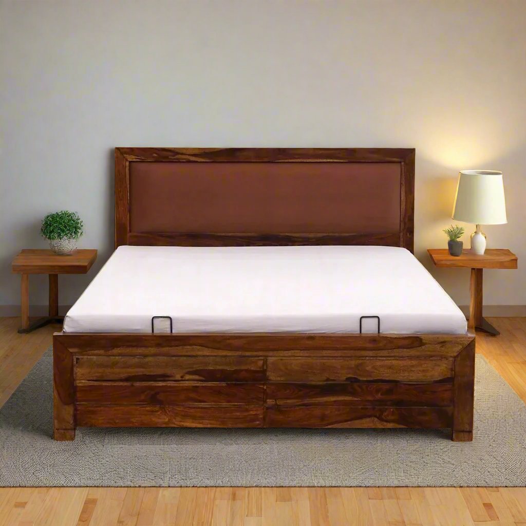 Demiwall Segur Sheesham Wood Dubble Bed In Provincial Teak Finish With Hydraulic Storage