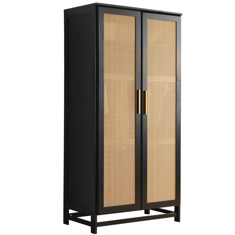 Solid Wood Rattan Cane Two Door Wardrobe In Black Finish