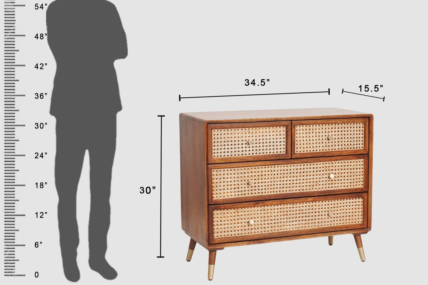 Demiwall Rattan Star 4 Drawer Chest Drawer With Provicial Teck Finish