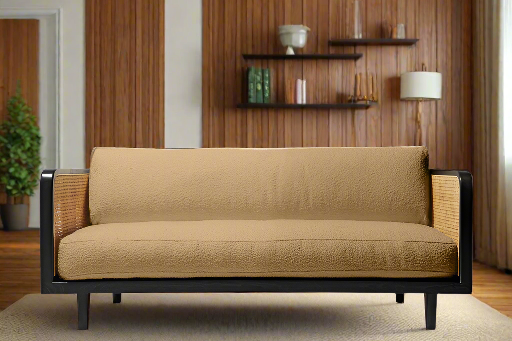DEMIWALL Solid Wood Two Seater Sofa Set Rattan Caning Sofa Home Furniture Living Room || Black Finish