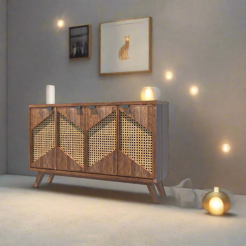 Canving Solid Wood Sheesham Wood 4 Door Sideboard In Natural Teak Finish For Living Room Furniture