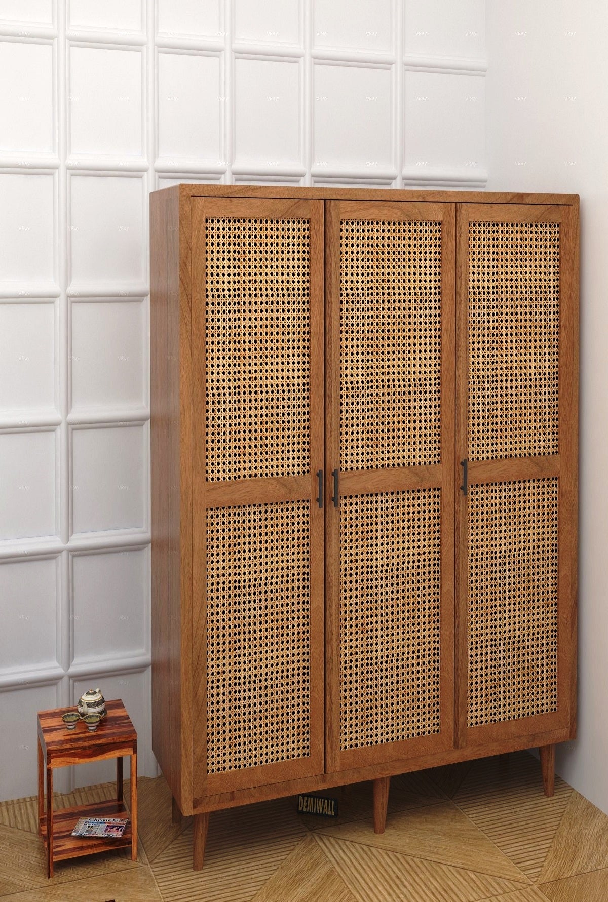 Solid Wood Rattan Cane 3 Door Wardrobe In Neutral Teak Finish