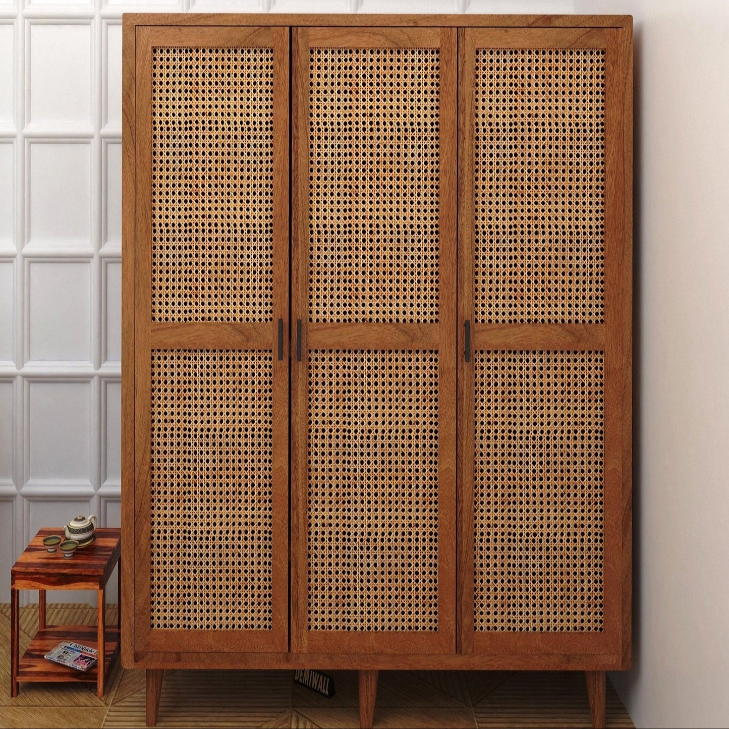 Solid Wood Rattan Cane 3 Door Wardrobe In Neutral Teak Finish