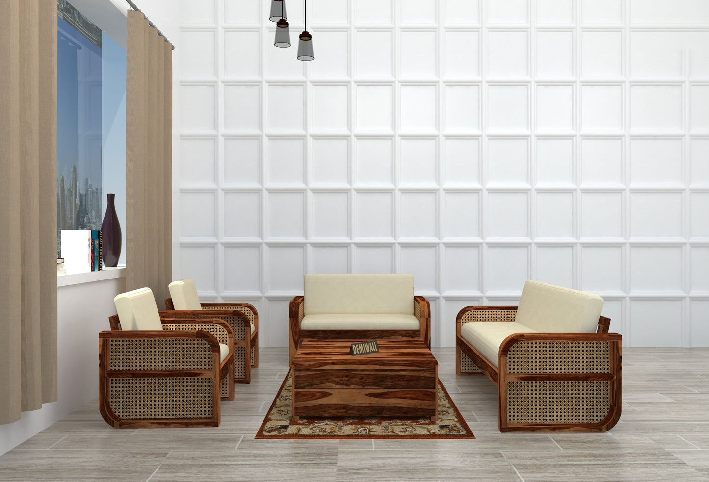DEMIWALL Solid Sheesham Wood Sofa Set 7-Person Rattan Caning Sofa | Teak finish