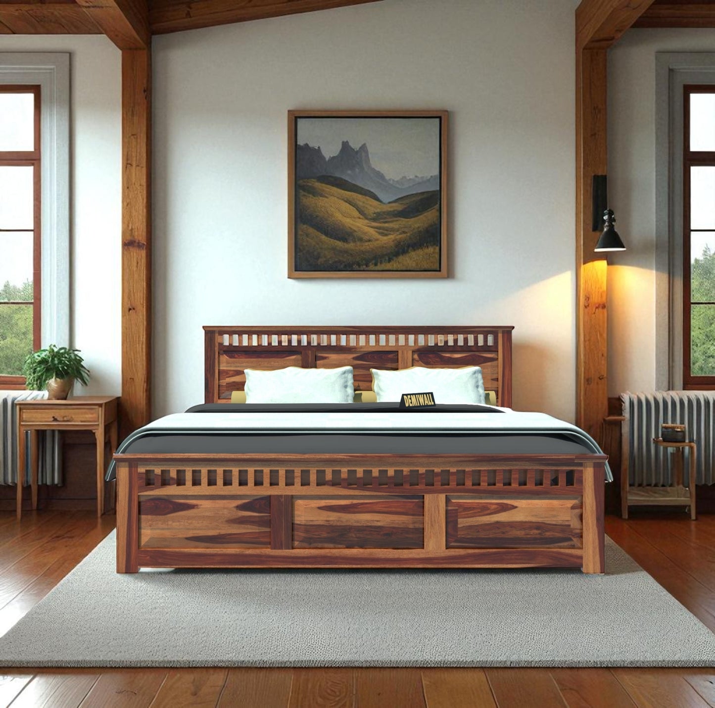 Sheesham Solid wood King Size Box Storage Bed In Neutral Teak Finish