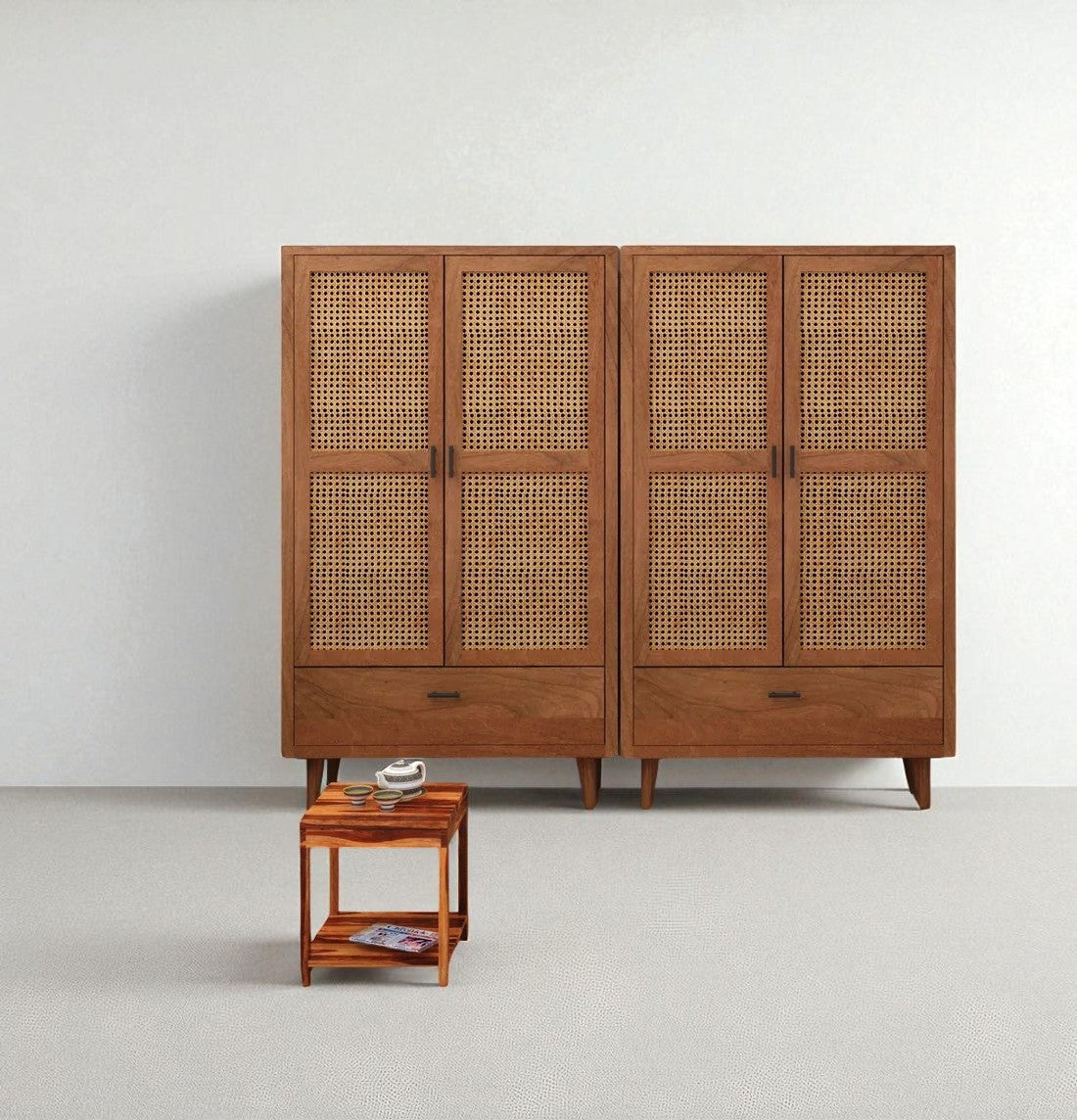 Solid Wood Rattan Cane Two Door Wardrobe In Neutral Teak Finish
