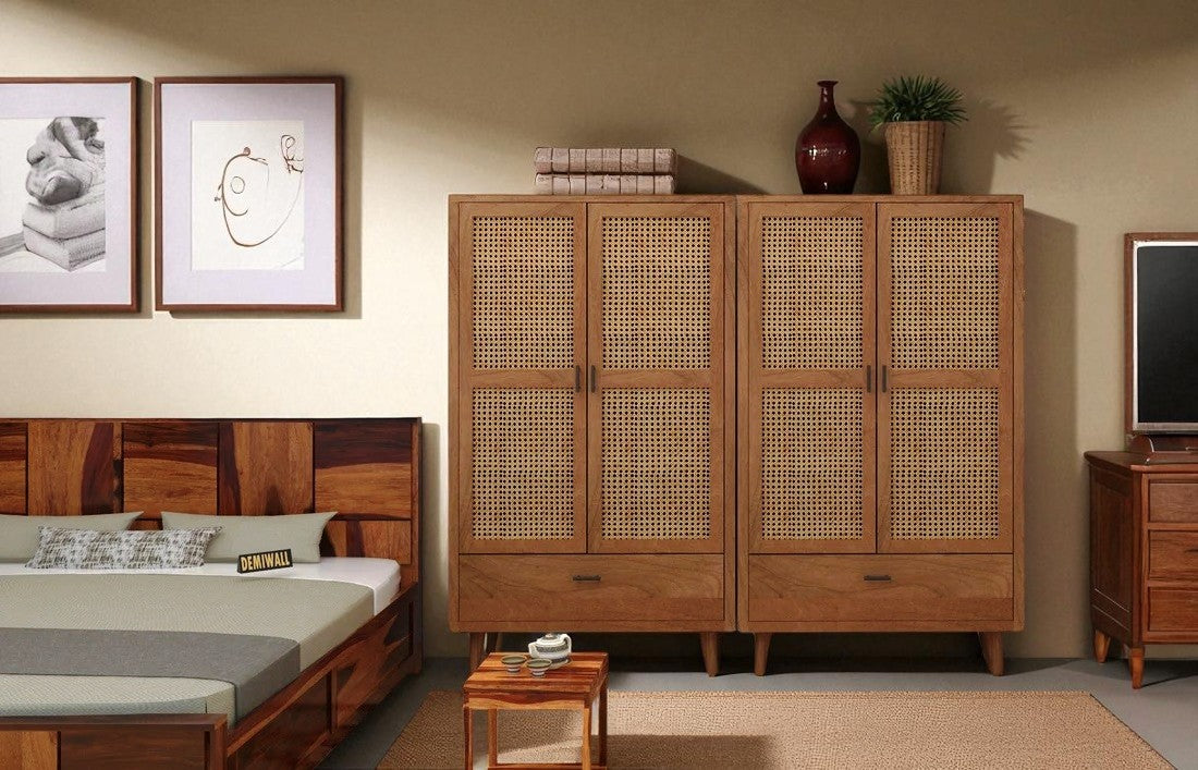 Solid Wood Rattan Cane Two Door Wardrobe In Neutral Teak Finish