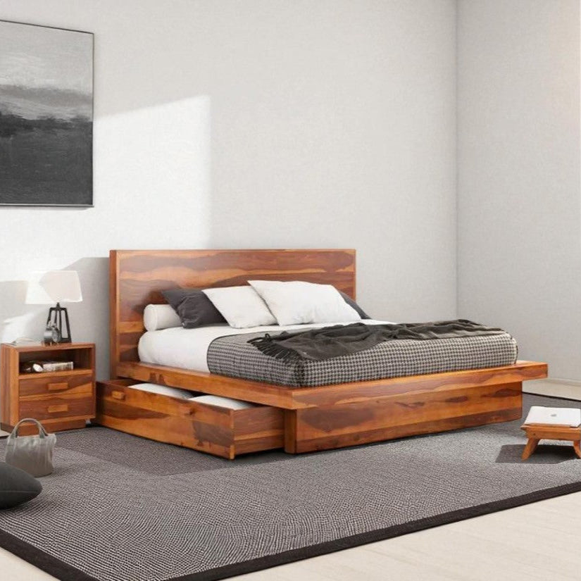 Wooden bed with storage drawers in a bedroom setting